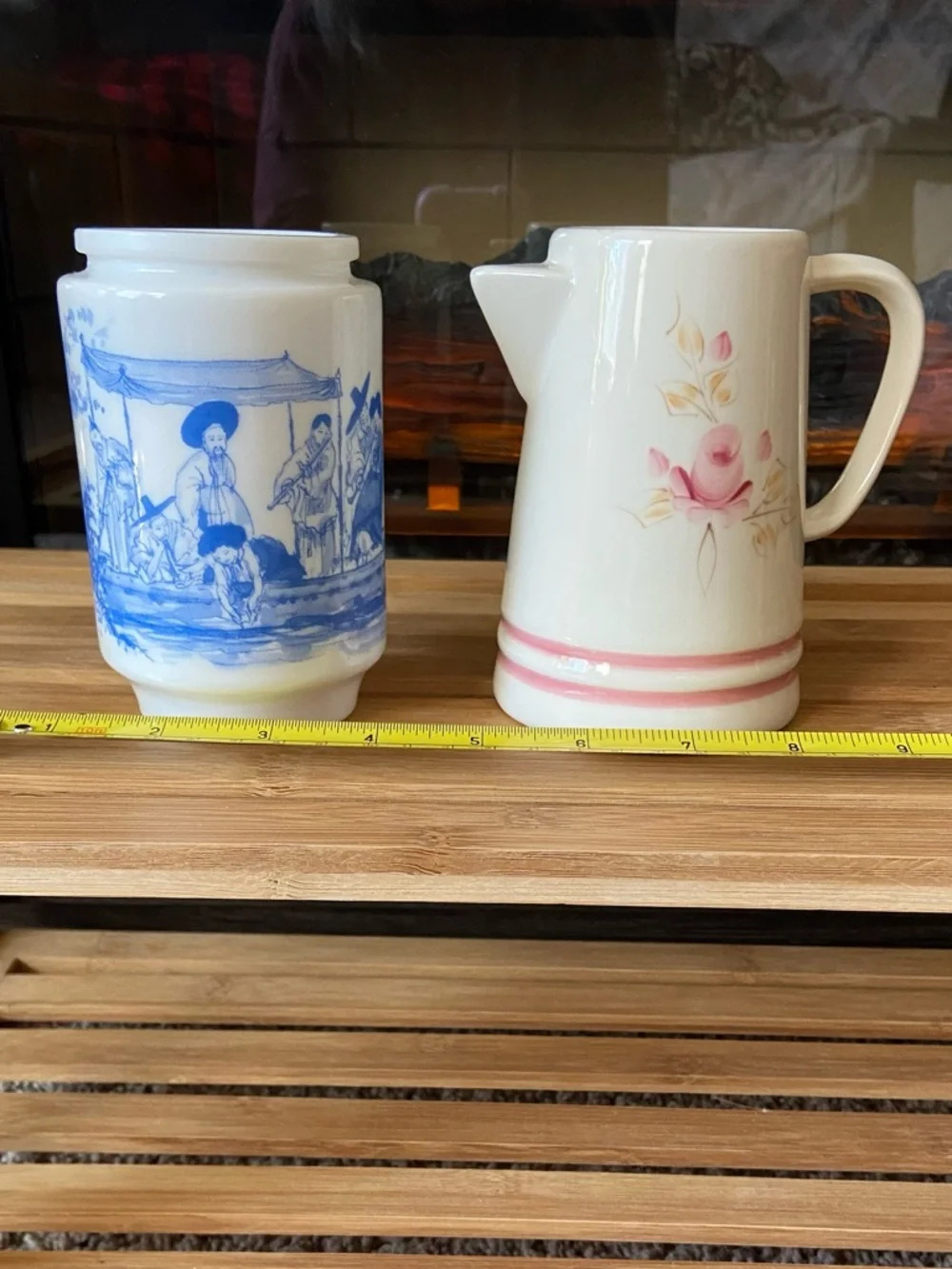 Vintage Unique Set- Blue White Asian Motif Jar & Sweet Creamer Pitcher Pink Rose